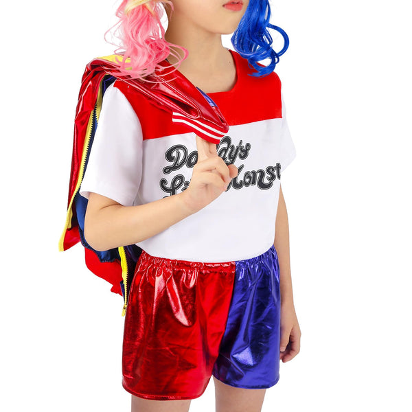 Anqtovp Girls Joker Cosplay Costumes Set, Halloween squad costumes for Kids With Jacket Shorts T-shirt PU Leather Suit
